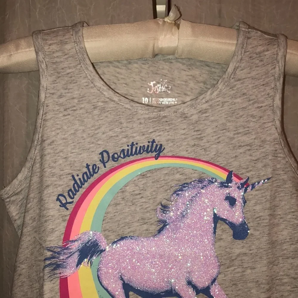 Justice 10 Gray Sleeveless Tank Unicorn Rainbow Glitter Radiate Positivity